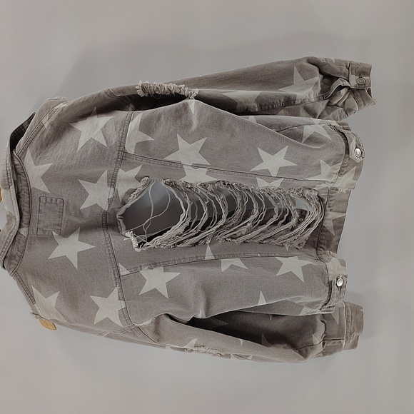 Peach Love California Jean Jackets Small Oversized Gray Star Print Distressed - Picture 4 of 4